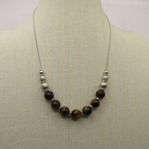 Tigers Eye Style Beads with Silver Tone Adjustable Necklace